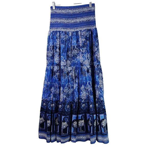 Celina Moon SZ S 100% Cotton Smocked Waist Maxi Skirt Blue Flamingo Print NWT - Picture 5 of 6
